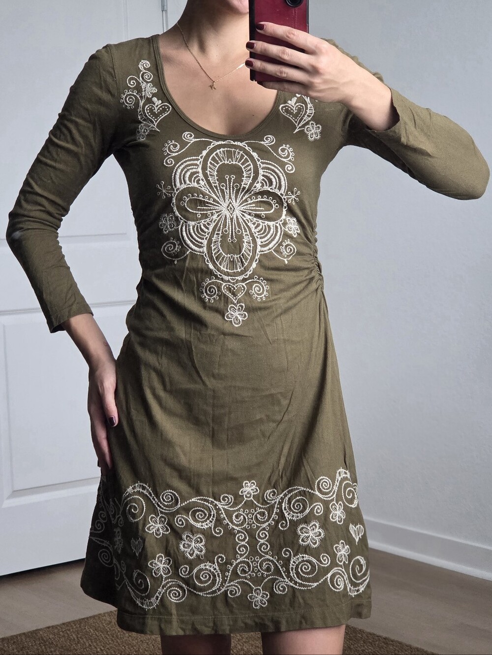 Johnny Was Olive Green Embroidered Mini Dress, Small, Embroidered Tunic Dress